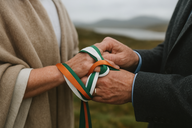 older couples hands against a irish landscape backdrop, with a green, white and gold band handfasting vows