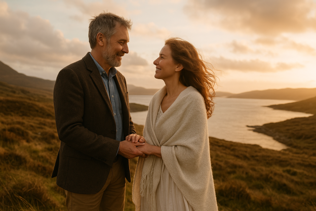 Mature couple holding hands during a romantic vow renewal ceremony in Ireland.